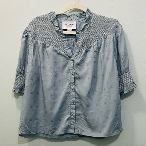 THE SHIRT by Rochelle Behrens Light Blue Smocked Ruffle Blouse 
Pit to pit 24”